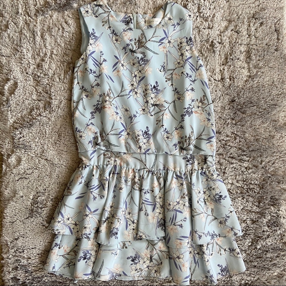 monica j light blue floral dress with ruffles